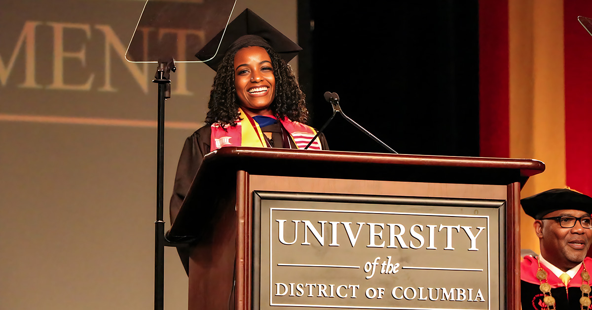 Commencement speaker at a podium